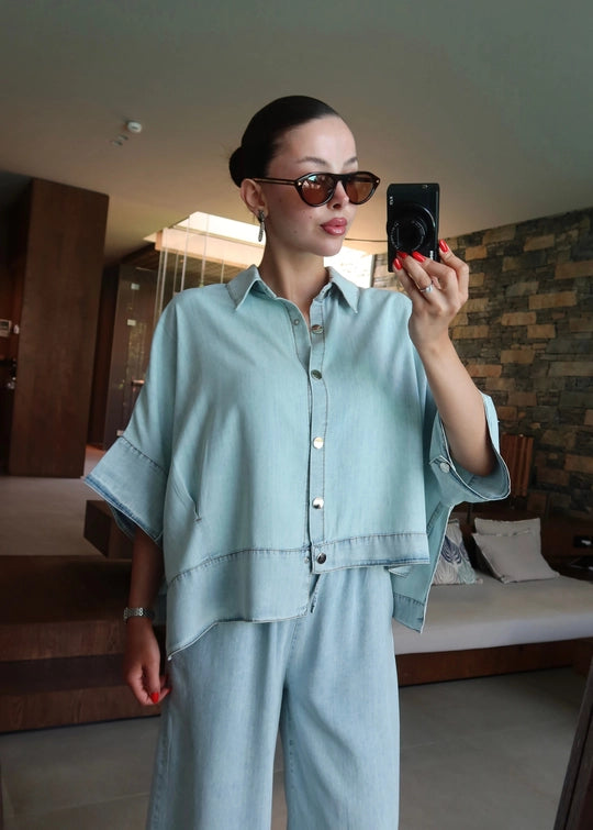 Asimetrik Ceketli Denim Tensel Takım BUZ MAVİ