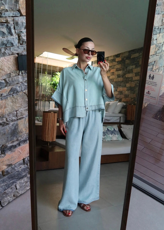 Asimetrik Ceketli Denim Tensel Takım BUZ MAVİ