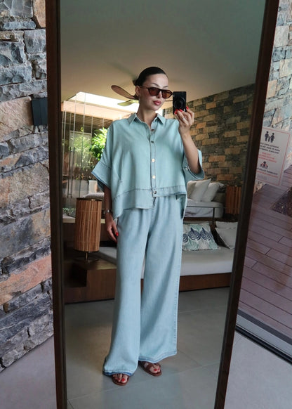 Asimetrik Ceketli Denim Tensel Takım BUZ MAVİ