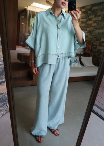 Asimetrik Ceketli Denim Tensel Takım BUZ MAVİ