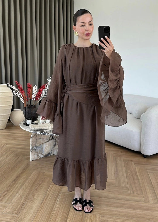 Şallı Büzgülü Elbise ACI KAHVE