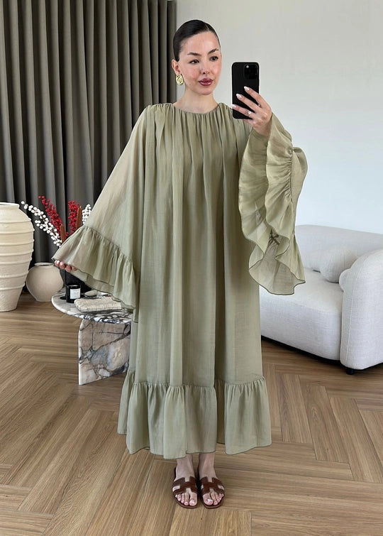 Şallı Büzgülü Elbise MİNT YEŞİLİ