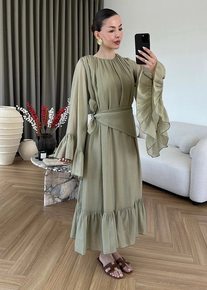 Şallı Büzgülü Elbise MİNT YEŞİLİ