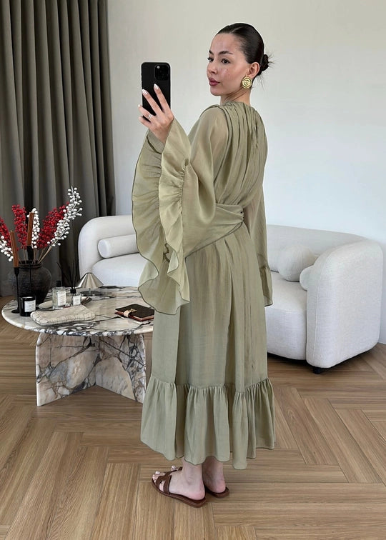 Şallı Büzgülü Elbise MİNT YEŞİLİ